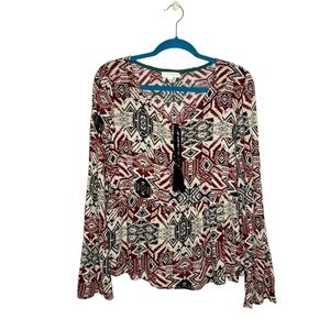 Coco +Jaimeson Boho Tassel Tie Neck Flare Sleeve Blouse